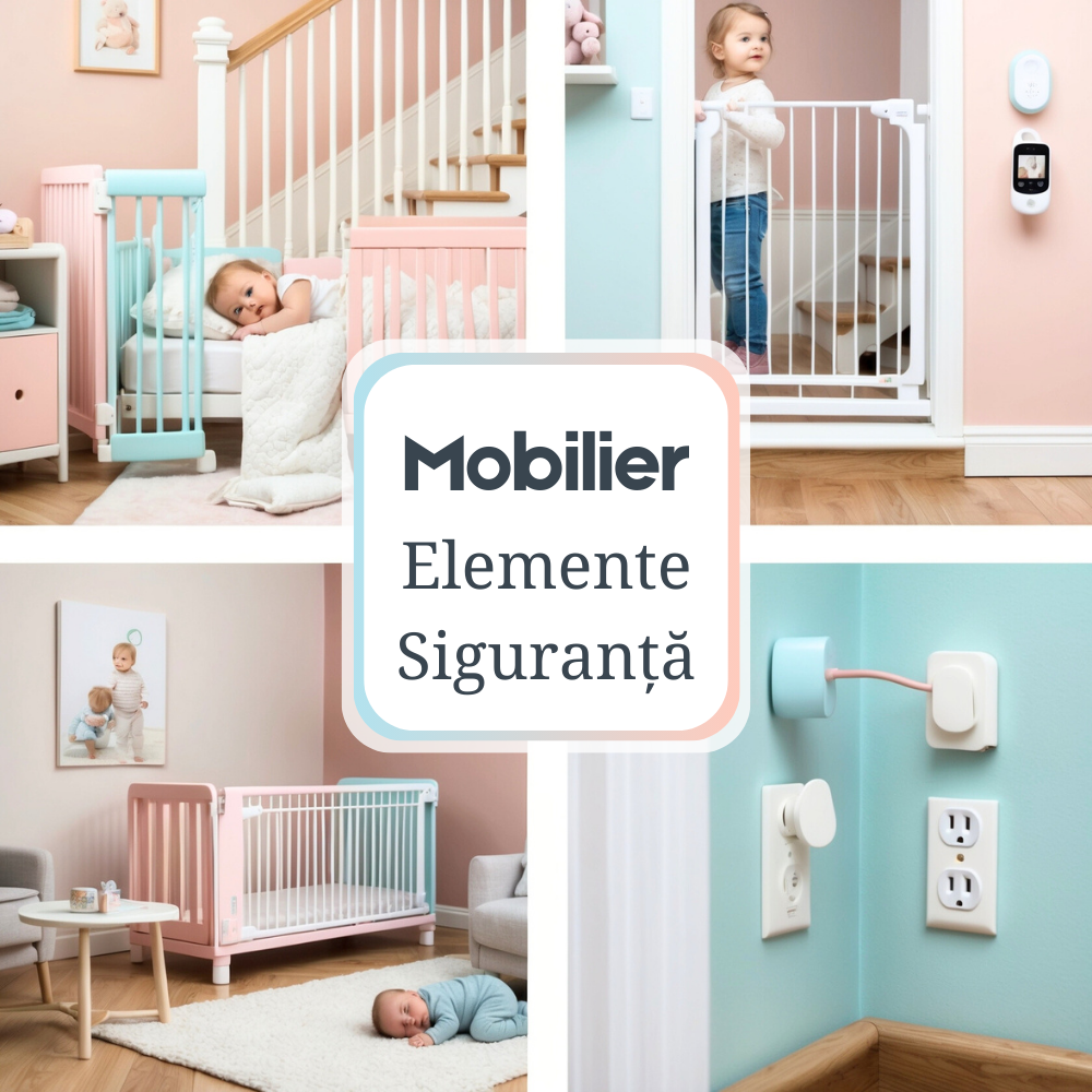 Elemente de Siguranță, Soluții complete pentru protecția copiilor, incluzând bariere de pat, porți de siguranță, monitoare și protectoare pentru colțuri și prize, în culori pastelate.